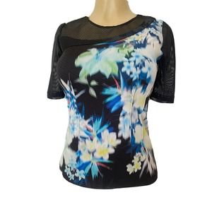 Elie Tahari Floral Top Blouse Mesh Panel Scuba Black Back Zip Short Slee…